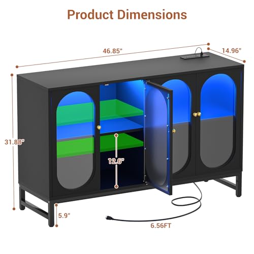 Aheaplus Sideboard Buffet Cabinet with Power Outlet, Kitchen Sideboard Storage Cabinet with LED Light, 4 Doors, Modern Accent Cabinet Coffee Bar Cabinet Console Table for Kitchen Dining Room, Black Aheaplus