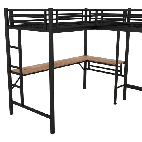 Harper & Bright Designs Twin Size Metal Loft Bed with Two Built-in Desks, L-Shaped Loft Bed with Two Ladders for Kids Teens, Black Harper & Bright Designs