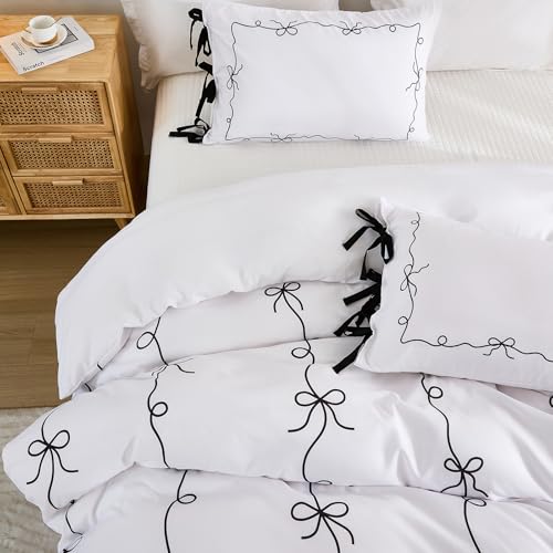 Black White Duvet Cover Set Black Bow Tie Bedding Set Super Soft Breathable Microfiber Bowknot Butterfly Tie Aesthetic Bedding Romantic French Twin Duvet Cover for All Season Chumerry