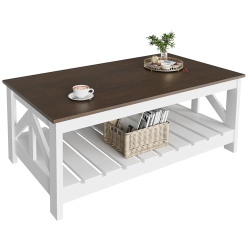 YESHOMY Farmhouse Coffee Table, Wood Square Open Storage Compartment for Living Room, Brown and White YESHOMY