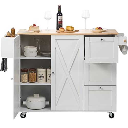 VEVOR Kitchen Island Cart with Solid Wood Top, 45.3" Width Mobile Carts with Storage Cabinet, Rolling Table with Spice Rack, Towel Rack, Drop Leaf and Drawer, Portable Islands on Wheels, White VEVOR