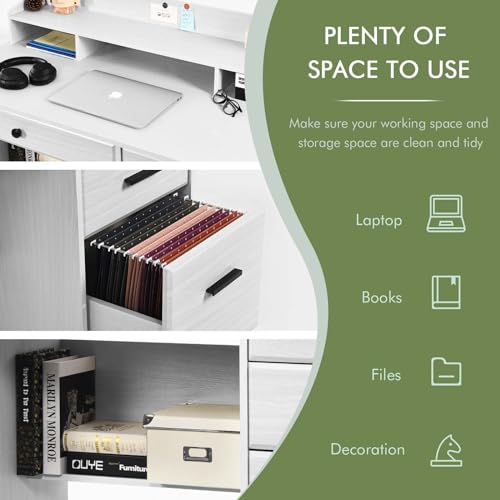 Catrimown Computer Desk with Storage Drawers and Hutch, 44 Inch Home Office Desks with 4 Drawers & Monitor Stand for Small Space, Small White Desk Writing Table Study Desks for Bedroom, White Catrimown