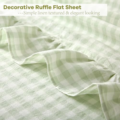 K MASANIJI Pile Green White Plaid Ruffle Gingham Sheets Full Size 4-Piece Set, 300TC 100% Yarn Dyed Cotton Sheets 18 in Deep Pocket Kids Preppy Decorative Bedding (Pile Green/White Plaid, Full) K MASANIJI