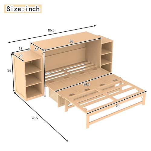 Ball & Cast Murphy Bed Full Size Bed Frame with Spacious Storage Drawers and Open Shelves,Wood Hideaway Beds w/No Box Spring Needed,Slat Support,for Apartment,Bedroom,can be Folded,Golden Ball & Cast