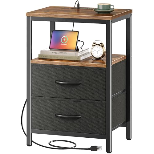 Huuger Nightstand with Charging Station, Side Table with Fabric Drawers, End Table with Open Shelf, Bedside Table with USB Ports and Outlets, Night Stand for Bedroom, Rustic Brown and Black Huuger