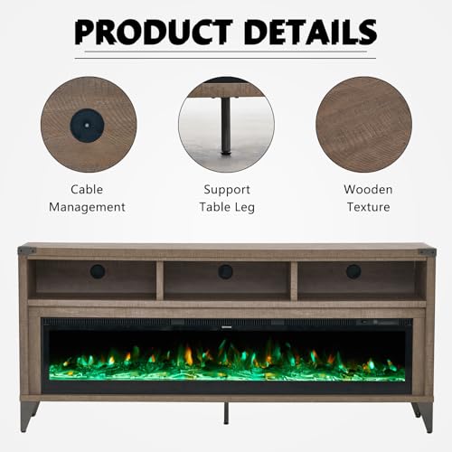 LUXOAK 65“ Fireplace TV Stand, Farmhouse Entertainment Center with 60" Tempered Glass Electric Fireplace, Industrial Media Console with Open Storage Space for TVs up to 75", Light Gray LUXOAK