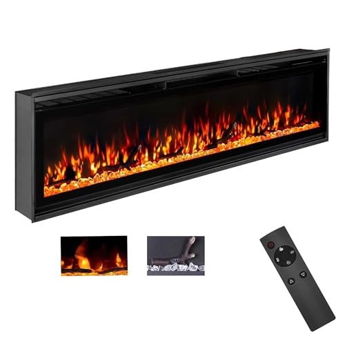 TUAN Electric Fireplace Inserts, Ultra Thin Wall Mounted Fireplace with Remote Control, Multicolor Realistic Flame, Touch Screen, Thermostat, Timer, 750w/1500w (Log & Crystal Included) (60 inch) TUAN