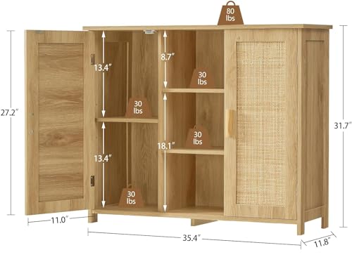 Iwell Storage Cabinet, Rattan Cabinet with 4 Adjustable Shelves, Bathroom Floor Cabinet, Sideboard Buffet Cabinet, Coffee Bar Cabinet, Accent Cabinet for Living Room, Entryway, Natural Iwell