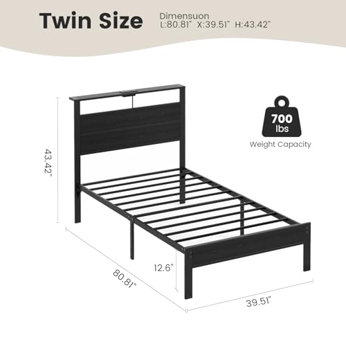 Kbun Twin Bed Frame with LED Lights & USB Charging Station, Black Metal Platform Bed with Storage Headboard, Under-Bed Space, Noise-Free & Sturdy, No Box Spring Needed, Easy Assembly Kbun