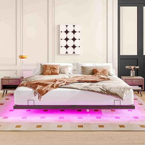 Mdhitsox Floating Bed Frame King, LED Bed Frame with Lights, Metal Platform Beds with Storage Bag, Heavy Duty Camas, No Box Spring Needed, Easy Assemble, Noise-Free, Black (King-2) Mdhitsox