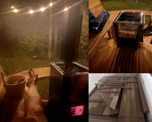 AURGOD Outdoor Barrel Canadian Hemlock Sauna with Porch, Wood Burning Stove Sauna with Large Glass Windows for 4 Person, Scenic Porch, Wood Fire Sauna, Luxurious Texture AURGOD