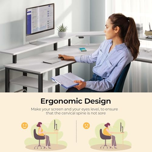 Rolanstar L Shaped Gaming Desk with LED Lights & Power Outlets, 46.2" Computer Desk with Full Monitor Stand & Storage Shelf, Corner Desk with Hooks, White Desk Reversible Rolanstar