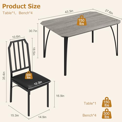 GAOMON Dining Table Set for 4, Rectangular Kitchen Table and Upholstered Chairs for 4, 5 Piece Dining Room Table Set with Chamfer Design, for Kitchen Room, Home, Apartment Easy Assembly GAOMON