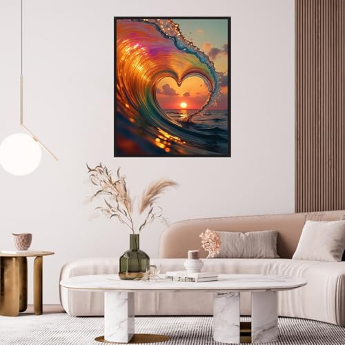 USZDL Sunset Landscape Diamond Art Kits for Adults,Wave Heart 5D Diamond Painting Kits for Beginners,Diamond Dots Round Full Drill Paint with Diamonds Pictures DIY Gem Art Painting Craft Kits 12x16in USZDL