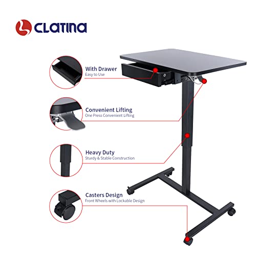 CLATINA Height Adjustable Work Table with Drawer Mobile Laptop Standing Desk Portable Small Teacher Podium with Lockable Wheels Cart Computer Overbed Table for Home Office Classroom Medical, Black CLATINA