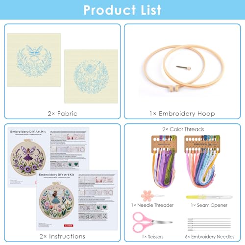 ERKOON Embroidery Kit for Beginners, 2 Set Flower Cross Stitch Set Include Embroidery Cloth Hoops Threads for Craft Lover Hand Stitch with Embroidery Skill Techniques (Angel)