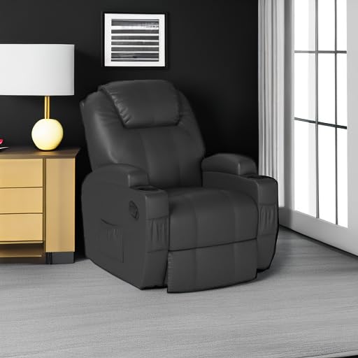Furniwell Rocker Recliner Chair with Massage for Elderly, Leather Adjustable 360°Swivel Rocking Sofa for Living Room with Remote Control, Cup Holders (Black) Furniwell