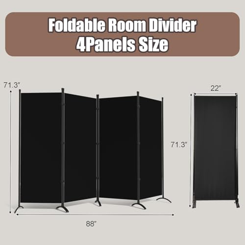 Room Dividers Folding Privacy Screens 4 Panel Partition Screen Steel Frame& Frabic Office Partition for Home Office Dorm Decor Black Grezone