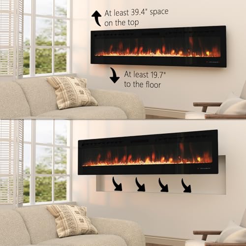 ROCSUMOO Smart Electric Fireplace - 80 Inch Electric Fireplace Inserts, Wall Mount or in-Wall Recessed Fireplace Heater, Electric Fire Place W/12H Timer, Flame Colors and Brightness (80 Inch, WiFi) ROCSUMOO