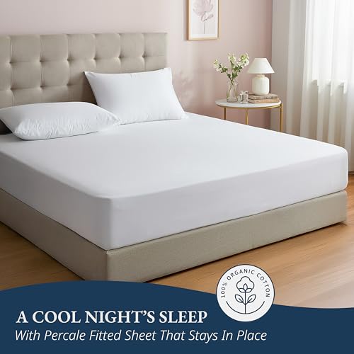 LANE LINEN Twin Fitted Sheets, 100% Organic Cotton 2-Piece Set (1 Fitted Sheet, 1 Pillowcase), Percale Weave, Bottom Sheet, Soft, Breathable, Fits Mattress Upto 15' Deep - White (No Flat Sheet) LANE LINEN