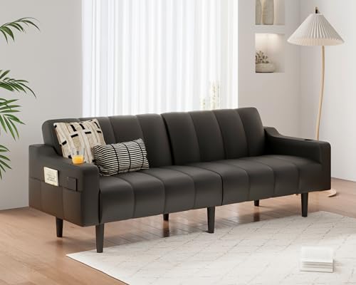 Chfeloai 80'' Futon Sofa Bed,Faux Leather Futon Sleeper Sofa, Convertible Loveseat with Adjustable Sofa Backrest,Modern Couches for Living Room, Bedroom, Apartment, Office (Black) Chfeloai