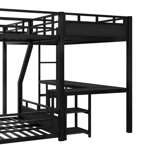 Metal Triple Bunk Beds with Slide, Desk and Storage Shelves, L-Shaped Twin XL Over Queen Bunk Bed with 2 Ladders and Guardrails for Kids Teens, Noise-Free Design (Black, Twin XL/Queen) CITYLIGHT