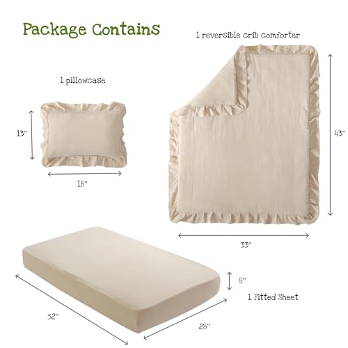 CLoucl Muslin Cotton 3-Piece Crib Bedding Set for Girls Boys,Ultra Breathable Soft Crib Comforter Set with Cute Ruffled Down Alternative Crib Comforter, Fitted Sheet, Pillowcase, All Season (Beige) CLoucl