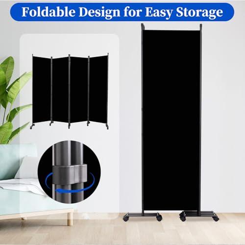 Room Divider 6FT Room Partition with Lockable Wheels, (Thicked Metal Base) Room Dividers, Freestanding Indoor Folding Privacy Screens, Portable Fabric Wall Divider for (Black, 88"- 4 Panel) JVVMNJLK
