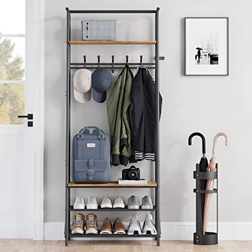 IDEALHOUSE Coat Rack Shoe Bench with 5 Hooks, Hall Trees Entryway Bench with Storage, Multifunctional Hallway Organizer, Wood Look Accent Furniture with Metal Frame for Entryway, Living Room, Bedroom IDEALHOUSE