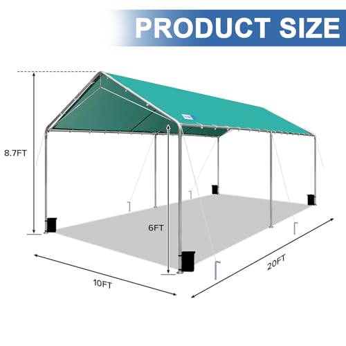 Carport Canopy 10'x20' Heavy Duty Carport, Waterproof & UV Protected Garage Top Tarp Shelter Cover with Reinforced Steel Cables, Outdoor Portable Garage for Car, Boat Tent, Green SAILARY