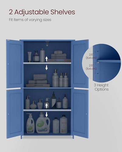 VASAGLE Floor Storage Cabinet, Shaker Cabinet with 2 Adjustable Shelves, 4 Doors, Tall Freestanding Organizer Unit, for Kitchen Bathroom Living Room, Bijou Blue UBBC553QE01S VASAGLE
