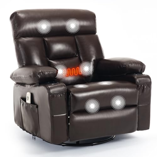 Comermax Rocker Recliner Chair with Heat and Massage, Wide Seat Heated Massaging Reclining Chair, Faux Leather Manual Swivel Rocking Recliners with Cup Holder, Dark Brown