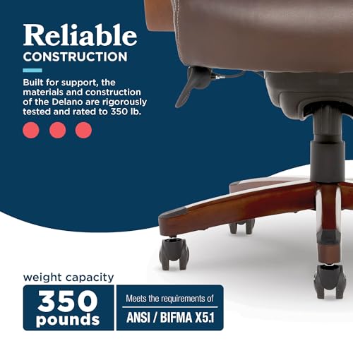 La-Z-Boy Delano Big & Tall Executive Office Chair, Ergonomic Mid-Back Body Pillow Lumbar Support, ComfortCore Memory Foam Cushion, Mahogany Wood Arms & Swivel Base, Bonded Leather, Chestnut Brown La-Z-Boy