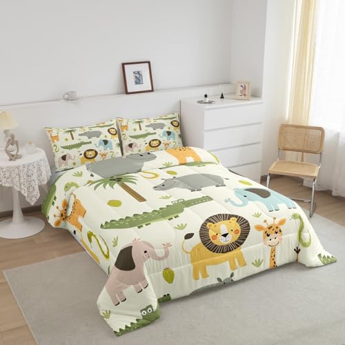 Feelyou Nursery Cute Wild Animals Bedding Set for Girls Boys Child Kids Cartoon Lion Giraffe Crocodile Comforter Decor Nature Wildlife Comforter Set Zoo Animal Theme Duvet Set Twin Size Quilt Set Feelyou