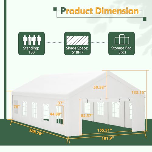 16' x 32' Party Tent with Removable Sidewalls & Alloy Steel Frame, Commercial Waterproof Outdoor Canopy Gazebo with 3 Storage Bags for Weddings, BBQ, Camping Rueekfil