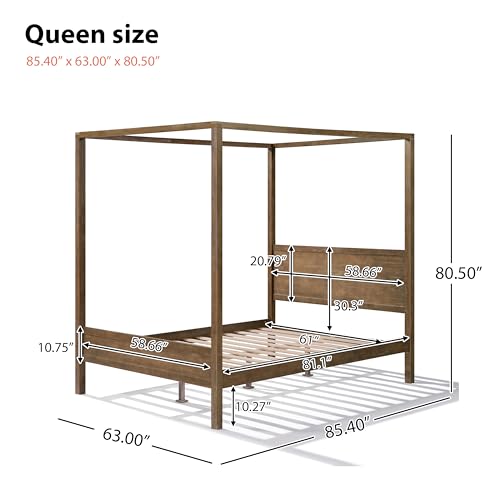 Christopher Knight Home Darnel Wooden Canopy Bed Frame Queen Size with Headboard, 4 Poster Platform Queen Bed Frame, Strong Wood Slat Mattress Support, No Box Spring Needed, Antique Natural