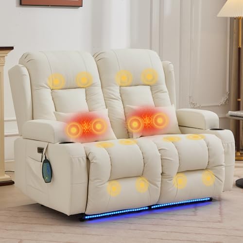 IPKIG Power Loveseat Recliner Sofa, Wall Hugger Reclining Chair with LED Lights, Side Pockets, Cup Holders, Massage & Heating, RV Recliners Couch Dual Sofa Reclinable, White