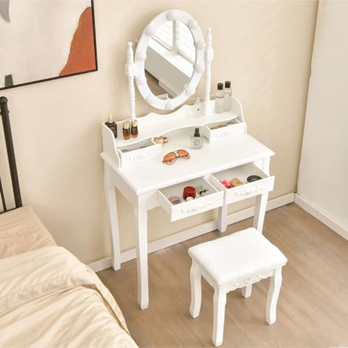 Giantex Makeup Vanity Table with 10 LED Lights, Adjustable Brightness, 3 Color Light Modes, 4 Drawers, Rotatable Mirror, Cushioned Stool, Vanity Desk Dressing Table Bedroom Furniture (White) Giantex