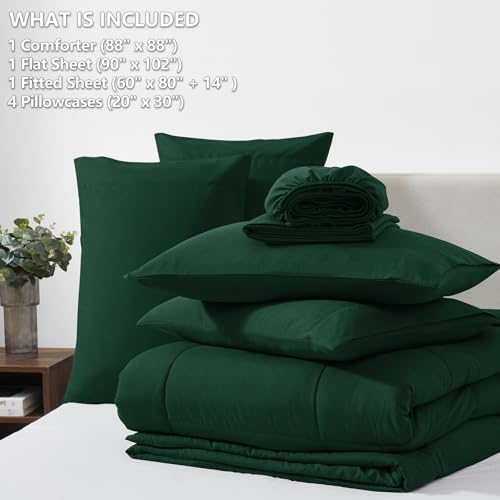 CozyLux Queen Comforter Set Emerald Green, 7 Pieces Bed in a Bag, Green Comforters Queen Size, All Season Bedding Sets with Stitch Quilted Comforter, Flat Sheet, Fitted Sheet, Pillowcases CozyLux