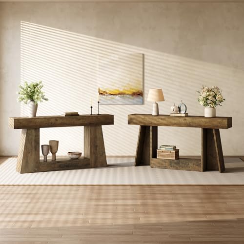 LITTLE TREE 63" Farmhouse Console Table with Storage, Rustic Sofa Table for Entryway, Narrow Long Sofa Table Behind Couch, Console Table for Living Room, Hallway—Versatile Storage Solution, Oak LITTLE TREE