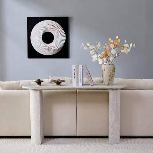 BFJDM 55" Faux Travertine Stone Console Table for Entryway, Sofa Entrance Table with Faux Mars Marble Pattern, Modern Sofa Tables with Rounded Curved Edges for Living Room, Hallway, Foyer, Beige BFJDM