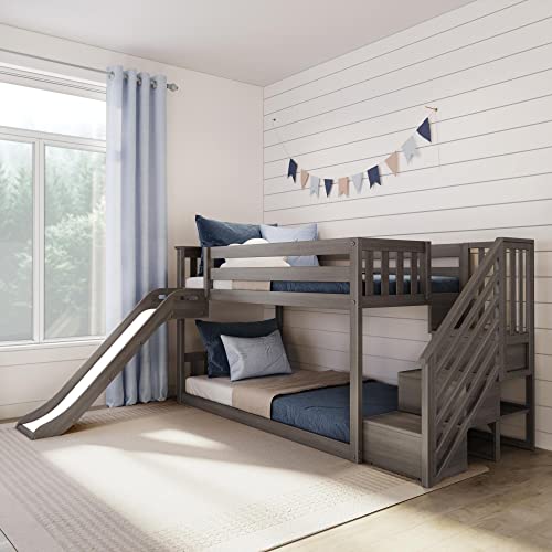 Max & Lily Solid Wood Twin over Twin Size Low Bunk Beds for Kids with Slide and Stairs, 400 lbs Weight Capacity, 14" Safety Guardrail, Anti-Slip Steps, Clay Max & Lily