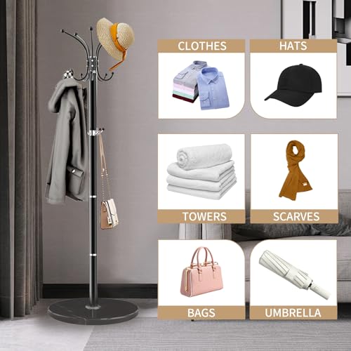 LOZABEE Metal Heavy Duty Coat Rack Stand, Modern Freestanding Coat Rack with Natural Marble Base, 360° Roraty Coat Racks with 14 Hooks, Black Coat Hall Tree Hanger Stand for Entryway, Office LOZABEE