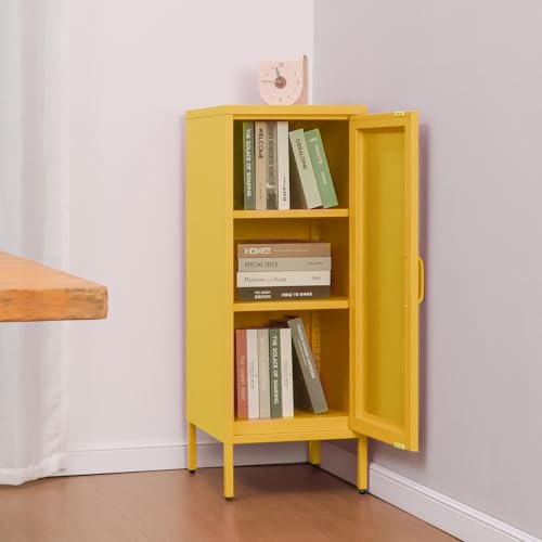 Slim Metal Storage Cabinet with Mesh Doors - 42'' Tall Narrow Organizer Tower, Compact Freestanding Cabinet, Versatile Utility Storage for Home, Office, Kitchen, Living Room, Durable and Modern Design ALBAD