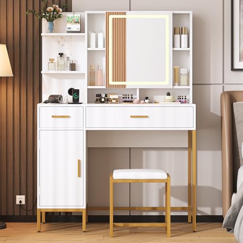 IDEALHOUSE Vanity Desk with Mirror and Lights, 42.5" Makeup Vanity Set with Stool, Makeup Table with Mirror Cabinet and Chair, Drawers & Shelves, Dressing Table with Outlet for Bedroom, White IDEALHOUSE