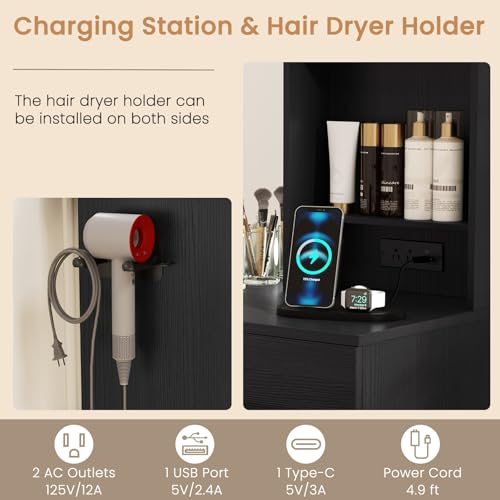 GOFLAME Makeup Vanity Desk with Lights, Modern Dressing Table with Charging Station, Hair Dryer Holder, 4 Large Drawers & 3-Tier Hutch, 3-Color Lights Adjustable, Black Vanity Table for Bedroom GOFLAME