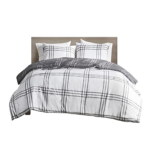 Intelligent Design Pike Reversible Comforter Set, Cottage Plaid Print, Modern Cabin Lifestyle, Down Alternative, All Season Bedding with Matching Sham, Twin/Twin XL White/Grey 2 Piece Intelligent Design