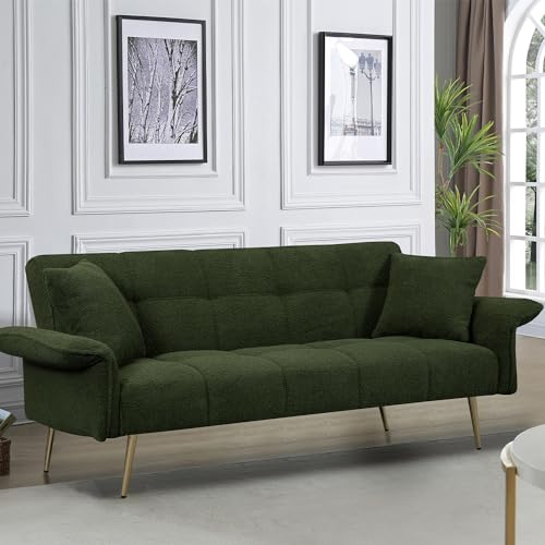 Modern Velvet Futon Sofa Bed ,Convertible Upholstered Couch Bed Loveseat Sleeper, Folding Small Couches Loveseat, Reclining Sofa, Foldable Roll Arms with Pillow for Small Spaces (Green Velvet) Klwenas Maec