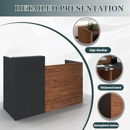 YTElantivo 63″ L-Shaped Reception Desk with Counter – Modern Office Front Desk for Salon, Clinic & Retail, Spacious Workstation, Easy Assembly, Black-Brown Receptionist Desk YTElantivo