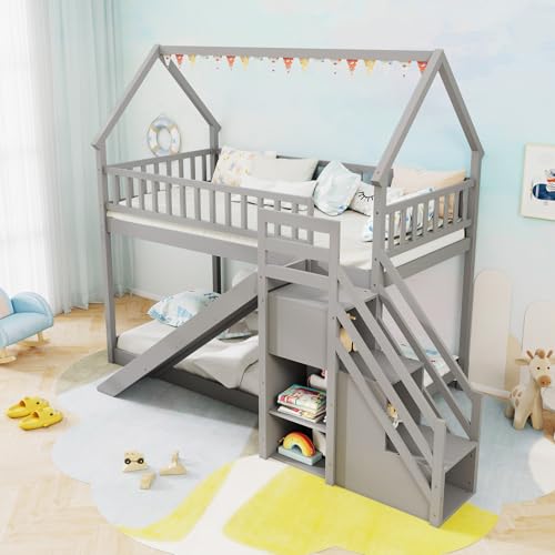 Giantex House Bunk Bed Twin Over Twin with Slide & Stairs, Wood Bunk Bed with Storage Shelves, No Box Spring Needed, Twin Floor Bed for Kids Teens Boys Girls (Grey) Giantex